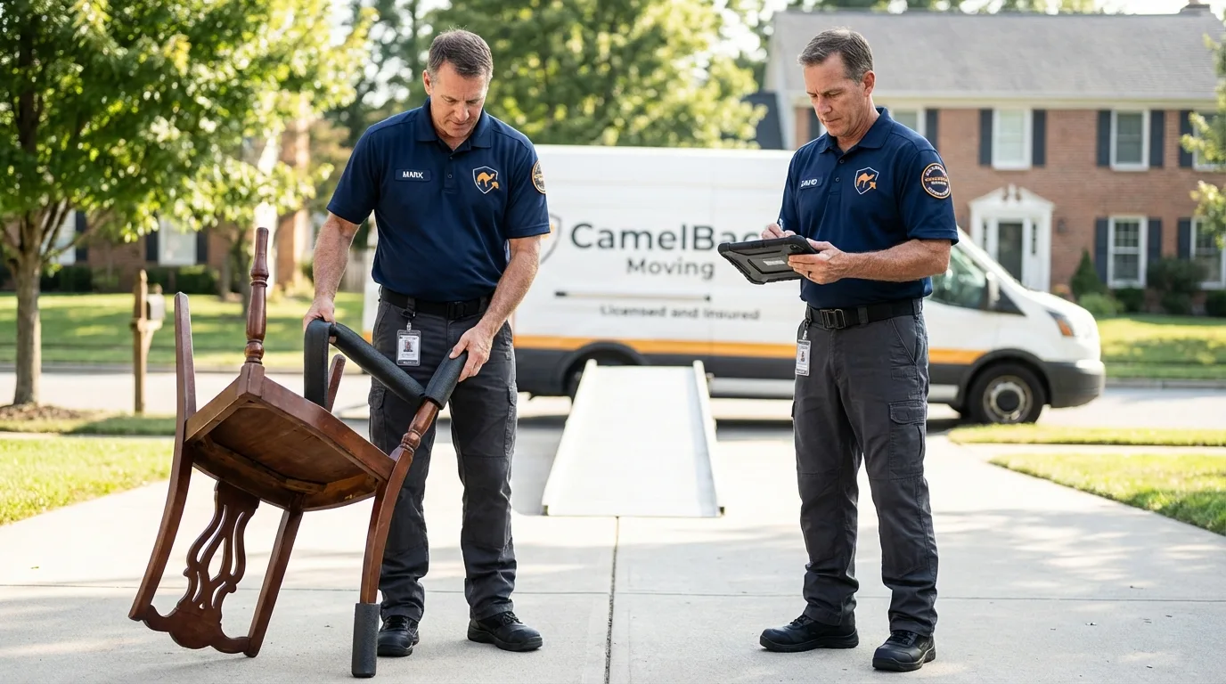 Movers inspecting furniture for damage prevention before loading in Frazeysburg, OH