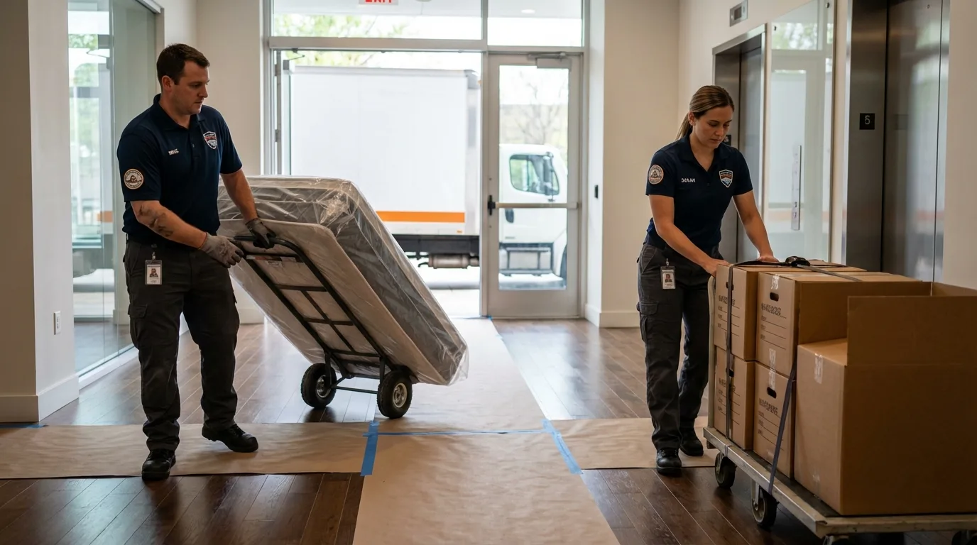 Professional apartment movers loading elevator in Frazeysburg, OH
