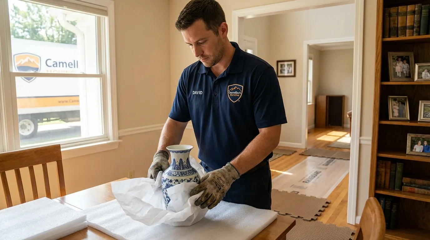 Professional crew carefully wrapping antique vase for senior downsizing move in Frazeysburg, OH